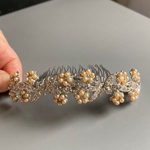 Head piece: plated 14 karat gold, glass pearlized beads, Swarovski crystals.